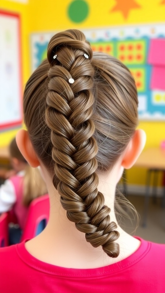 A simple braided bread hairstyle for school, featuring a neat bun and decorative hairpins.